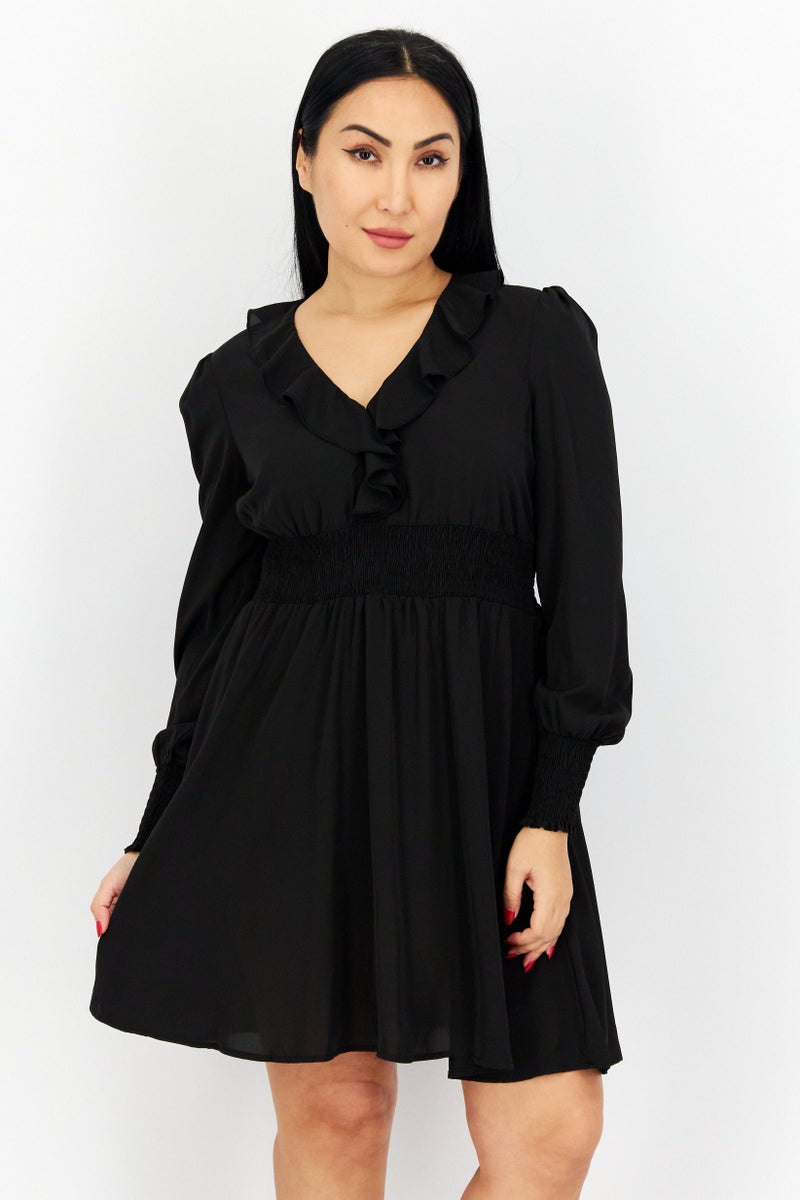 NA-KD Women Ruffle Neck Long Sleeves Textured Mini Dress, Black - Image 1