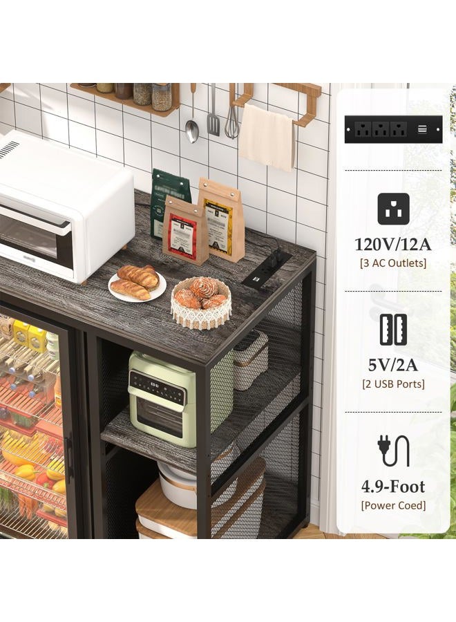 Homieasy Coffee Bar Cabinet with Mini Fridge Space, Industrial Wood Metal Small Kitchen Baker's Rack with Power Outlet, Microwave Stand Table, Mini Fridge Stand Dorm Station, Black Oak - Image 3