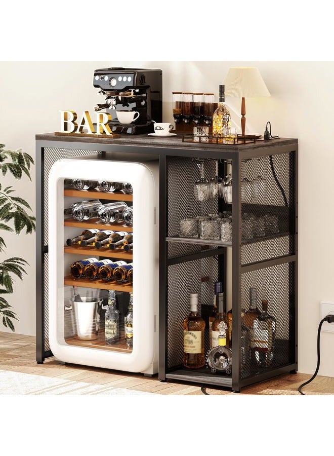 Homieasy Coffee Bar Cabinet with Mini Fridge Space, Industrial Wood Metal Small Kitchen Baker's Rack with Power Outlet, Microwave Stand Table, Mini Fridge Stand Dorm Station, Black Oak - Image 1