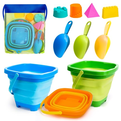 AuntyFey Collapsible Beach Toys Sand Toys for Toddlers 13 Beach Toy Sand Toy for Kids Ages 48 Collapsible Beach Sand Buckets Toys for Kids Sandbox Toys for Toddler with Castle Sand Mold Shovel - Image 1