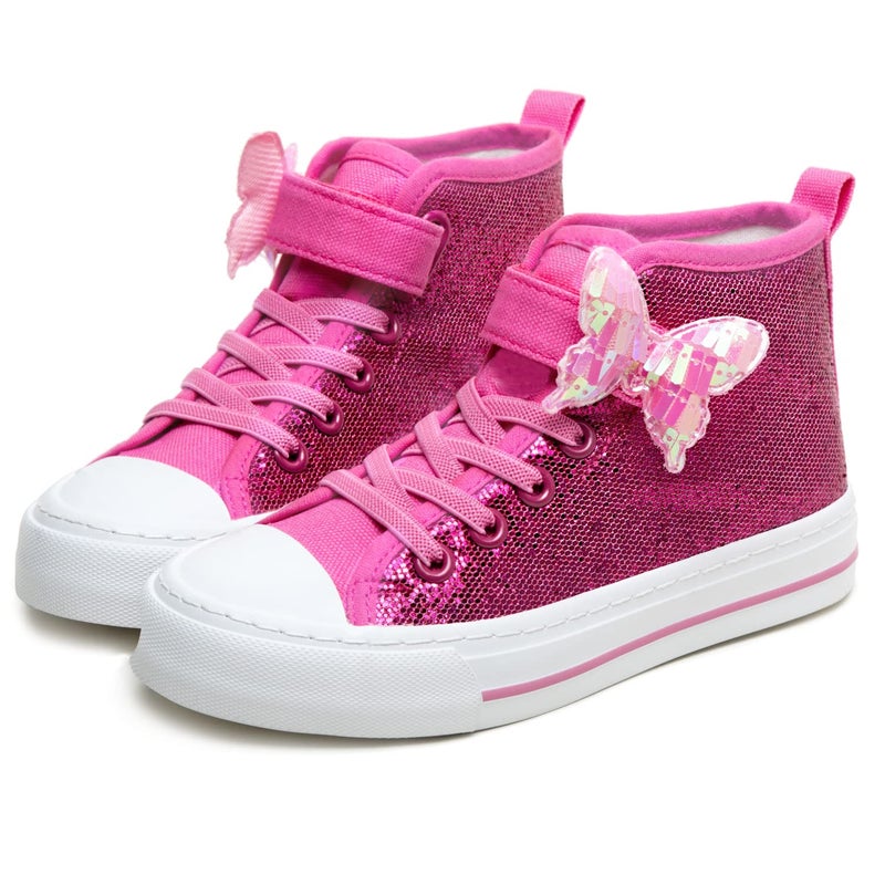 Toandon Little Girls Kids Sneakers Glitter Canvas Shoes Sparkle High Top Toddler Child Adjustable Hook Loop Straps Velcro Non Slip Lightweight Walking Outdoor Butterfly Pink Size 12