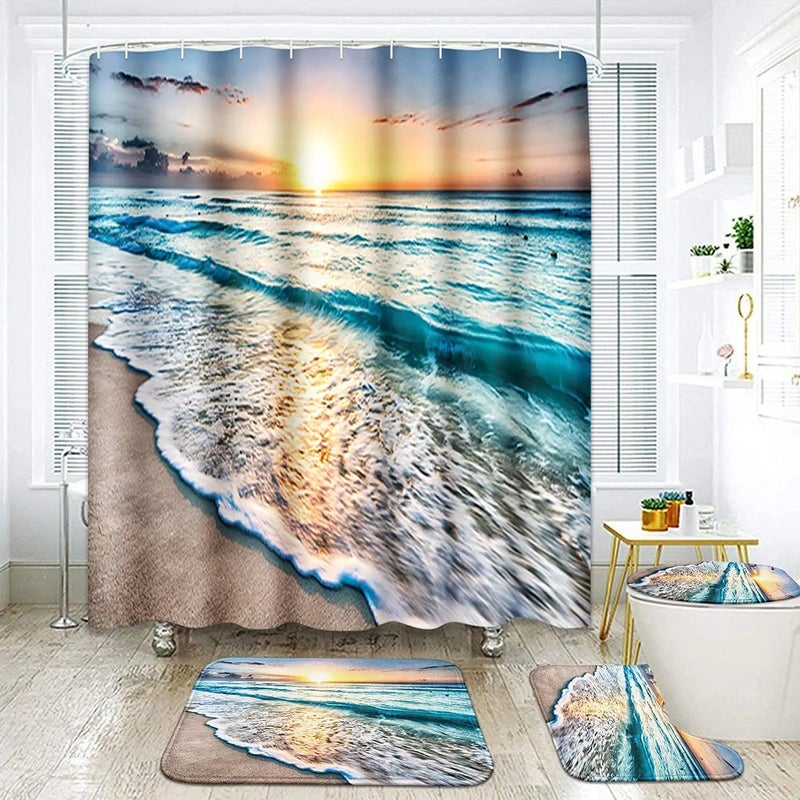 Bluejw Bathroom 4 Pcs Set Waterproof Beach Style  Printed Western Shower Curtains and Bath Rug Set - Image 1