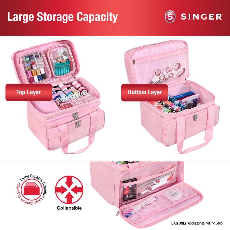 SINGER Sewing Accessories Organizer (Bag Only) â€“ Double Layer Portable Sewing Storage Bag | 2 Detachable Pouches and 18 Compartments, Large Sewing Supplies & Crafting Carry-all (Pink) - Image 2