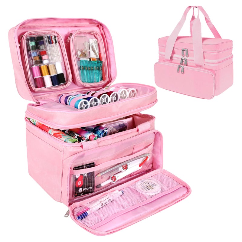 SINGER Sewing Accessories Organizer (Bag Only) â€“ Double Layer Portable Sewing Storage Bag | 2 Detachable Pouches and 18 Compartments, Large Sewing Supplies & Crafting Carry-all (Pink) - Image 1