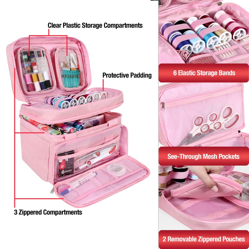 SINGER Sewing Accessories Organizer (Bag Only) â€“ Double Layer Portable Sewing Storage Bag | 2 Detachable Pouches and 18 Compartments, Large Sewing Supplies & Crafting Carry-all (Pink) - Image 4