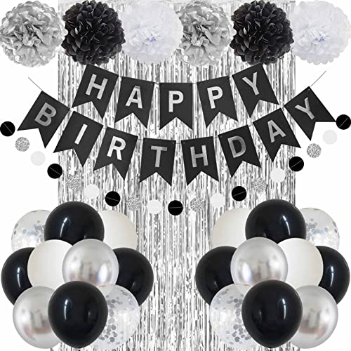 ANSOMO Black and Silver Happy Birthday Party Decorations Banner Balloons Women Men Boys Girls Him Her 13th 15th 16th 18th 20th 21st 25th 30th 35th 40th 45th 50th - Image 1