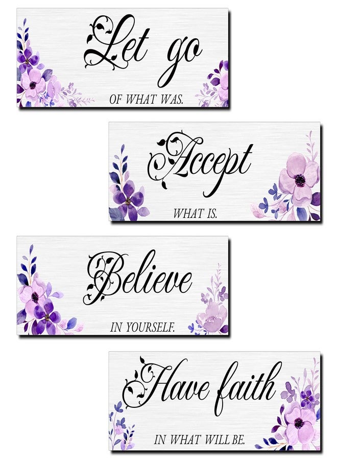 Joyhawk Purple Flower Wall Decor, Wooden Floral Inspirational Wall Art Decorations for Girls, Women, Bathroom, Living Room, Bedroom, Home Spa and Laundry Room Decor, 12 x 4 Inches, Pack of 4 - Image 1