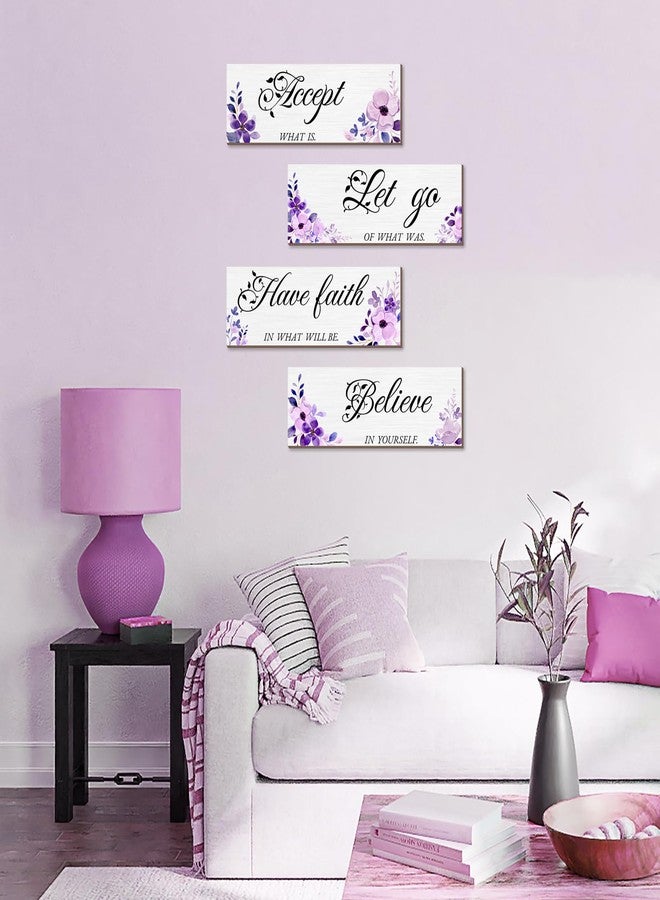 Joyhawk Purple Flower Wall Decor, Wooden Floral Inspirational Wall Art Decorations for Girls, Women, Bathroom, Living Room, Bedroom, Home Spa and Laundry Room Decor, 12 x 4 Inches, Pack of 4 - Image 5