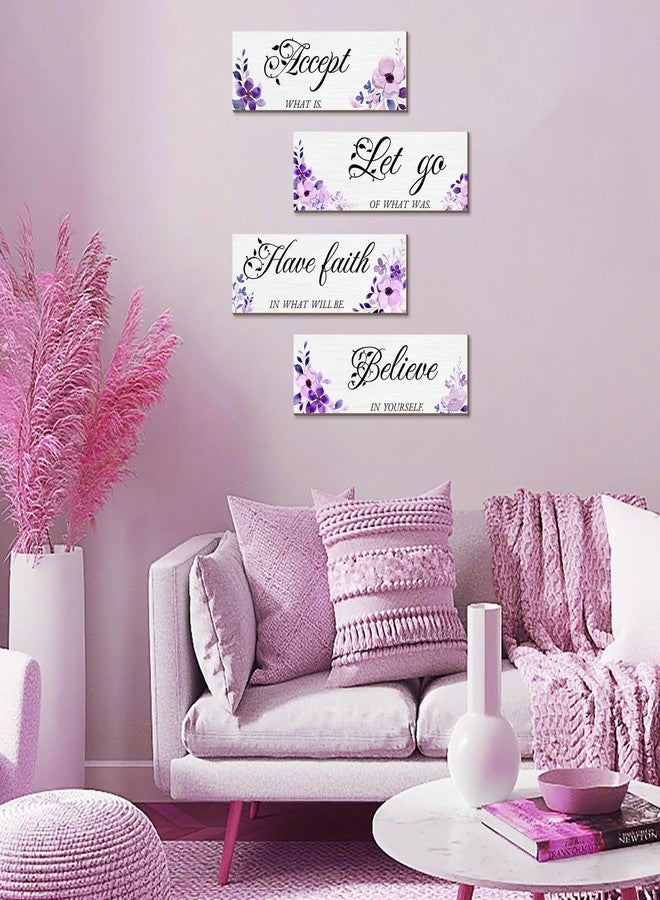 Joyhawk Purple Flower Wall Decor, Wooden Floral Inspirational Wall Art Decorations for Girls, Women, Bathroom, Living Room, Bedroom, Home Spa and Laundry Room Decor, 12 x 4 Inches, Pack of 4 - Image 4