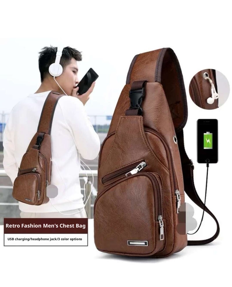 حقيبة صدر للرجال مع شحن USB، جلد PU كاجوال حقيبة كتف - Image 1
