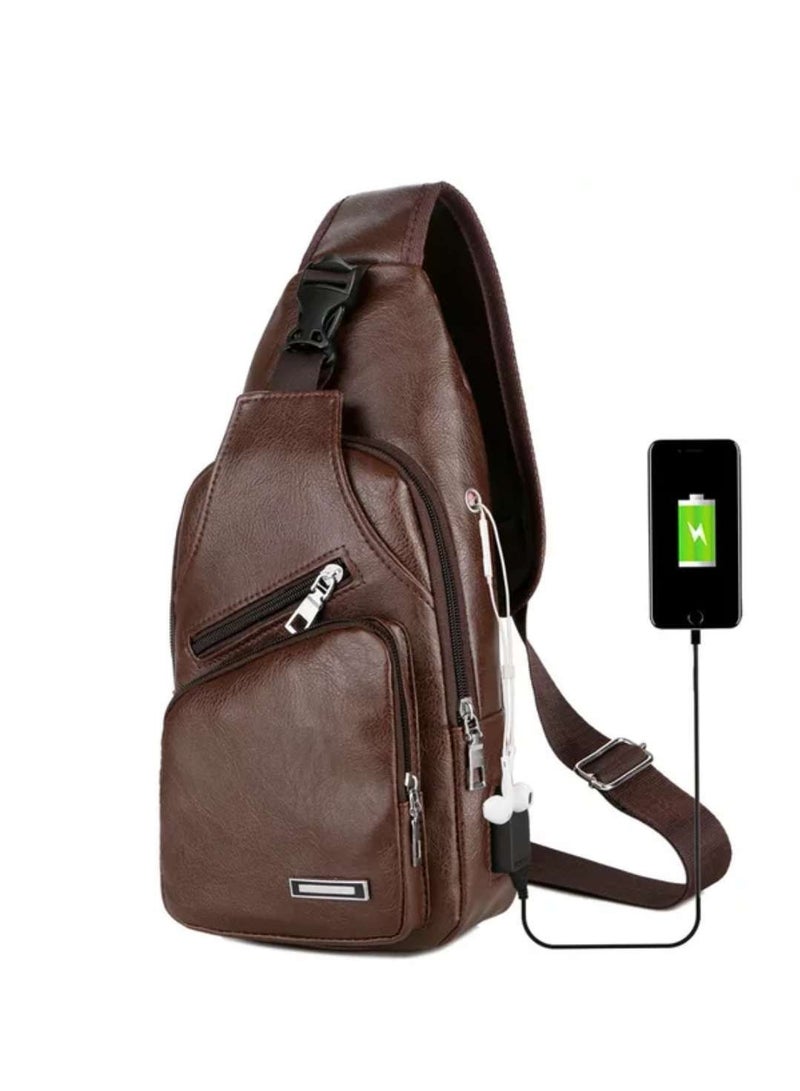 حقيبة صدر للرجال مع شحن USB، جلد PU كاجوال حقيبة كتف - Image 3