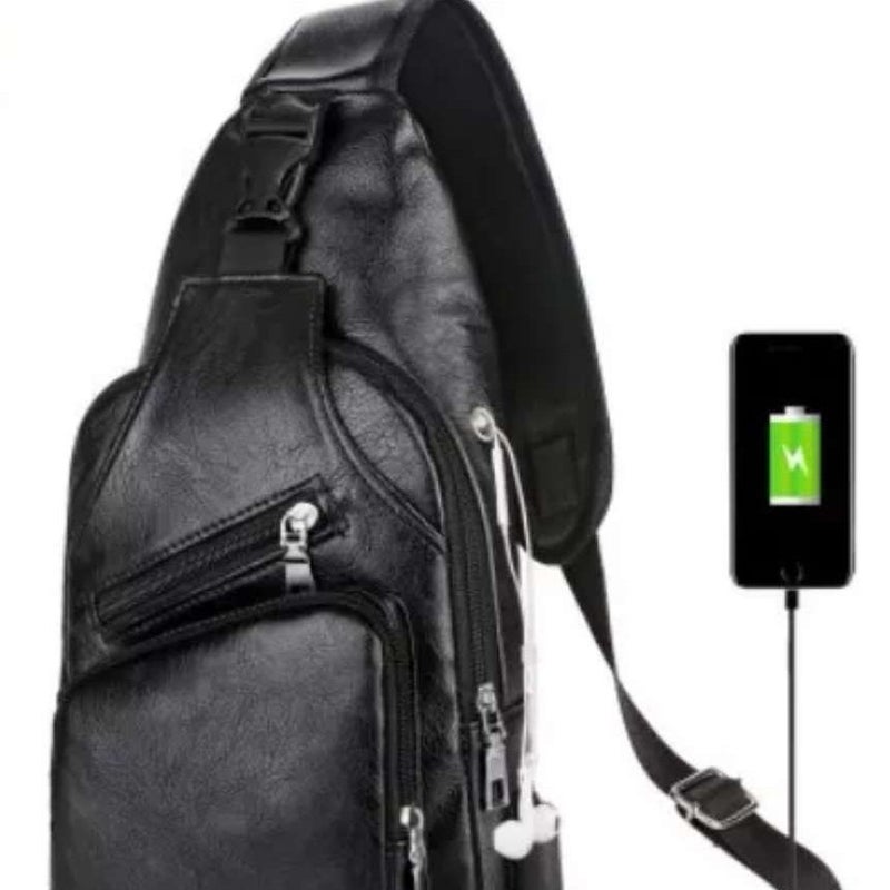 حقيبة صدر للرجال مع شحن USB، جلد PU كاجوال حقيبة كتف - Image 4
