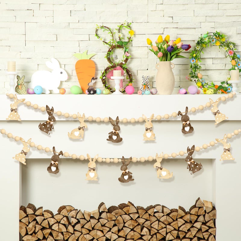 DoubleFill 1 Set Easter Mantle Garland 6.56 ft Wood Bunny Easter Beads Banner Rabbits Hanging Garland for Wall Fireplace Shelf Mantle Display Indoor Outdoor Decoration for Home Party Supplies(Rustic) - Image 1