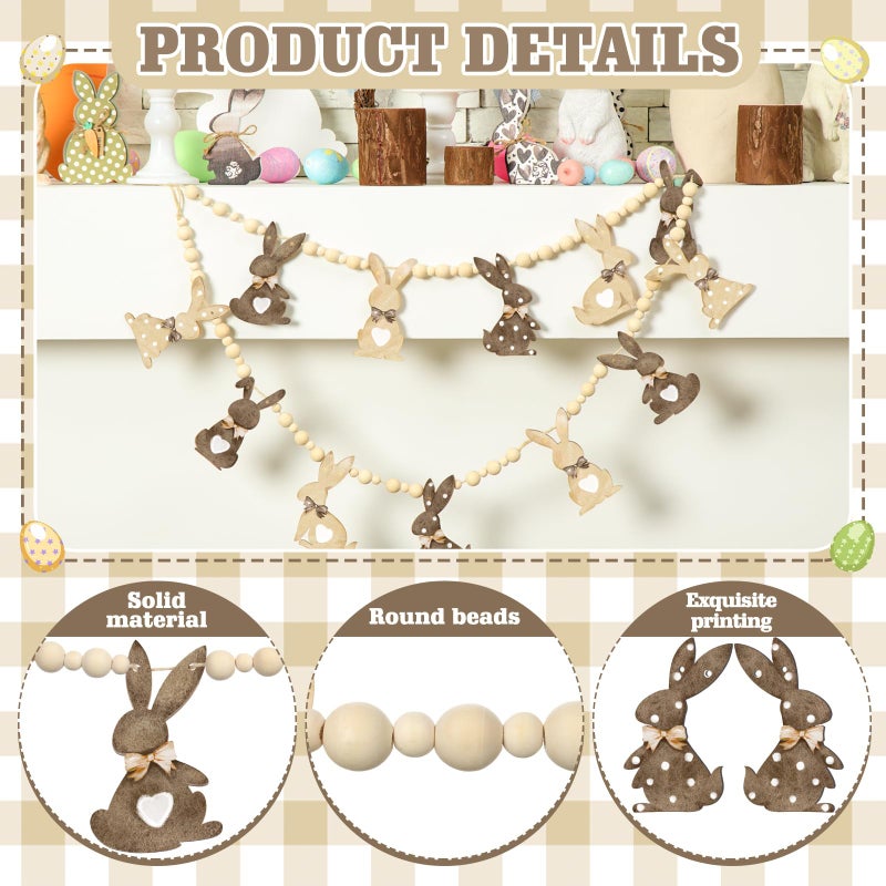 DoubleFill 1 Set Easter Mantle Garland 6.56 ft Wood Bunny Easter Beads Banner Rabbits Hanging Garland for Wall Fireplace Shelf Mantle Display Indoor Outdoor Decoration for Home Party Supplies(Rustic) - Image 3