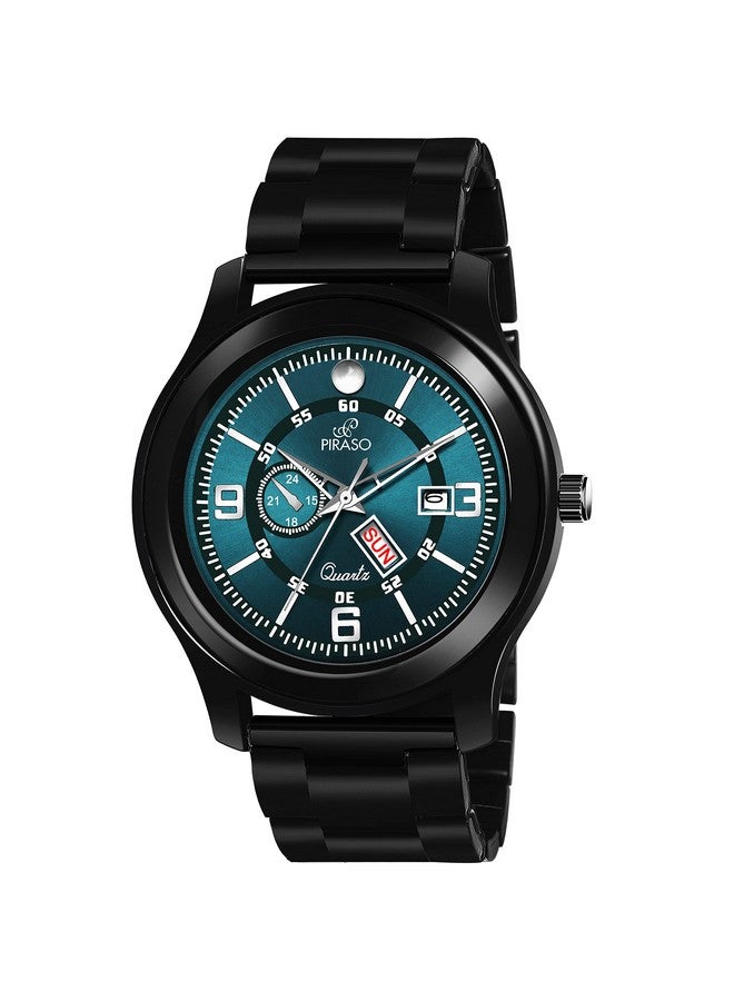 PIRASO Analog Day and Date Working Display Blue Dial & Black Chain Watch for Men & Boys - Image 1