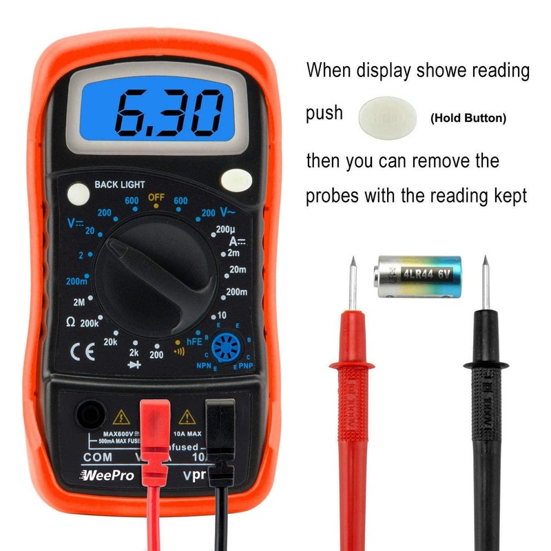 WeePro Vpro850L Digital Multimeter DC AC Voltmeter, Ohm Volt Amp Test Meter, Electric Tester Ohmmeter with Diode and Continuity Detector, Backlit Display and Insulated Rubber Case Kickstand - Image 4