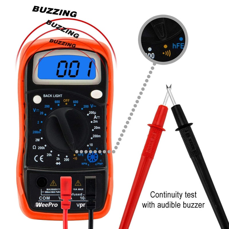WeePro Vpro850L Digital Multimeter DC AC Voltmeter, Ohm Volt Amp Test Meter, Electric Tester Ohmmeter with Diode and Continuity Detector, Backlit Display and Insulated Rubber Case Kickstand - Image 3