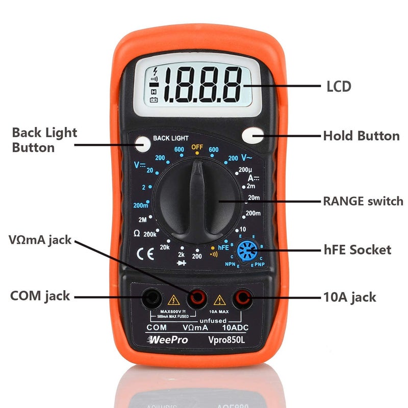 WeePro Vpro850L Digital Multimeter DC AC Voltmeter, Ohm Volt Amp Test Meter, Electric Tester Ohmmeter with Diode and Continuity Detector, Backlit Display and Insulated Rubber Case Kickstand - Image 1