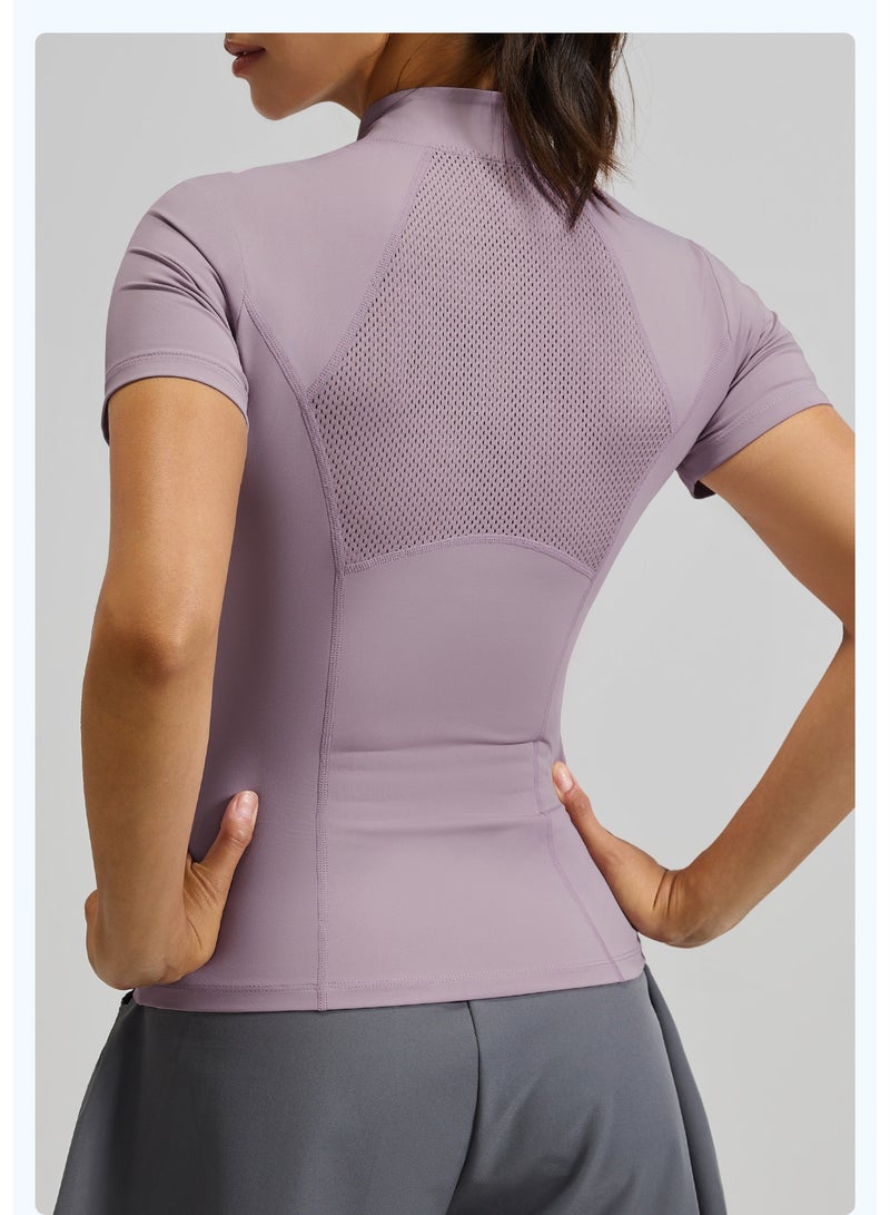 Front Zip Women Yoga Shirts Short Sleeves Sports Crop Tops Slim Fit Gym Vest Quick Dry Mesh Back Workout Bike Tops - Image 2