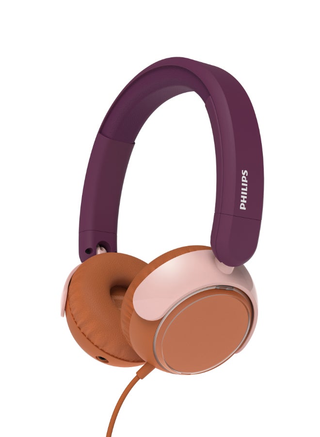 TAK2000MP Kids On-Ear Wired Headphones with Mic, Volume Limited to 85dB, Clear Calls, Durable & Foldable, 3.5mm to USB-C Cable Included, Comfortable Fit, Over-Ear Headset for Online Learning, School, Travel, Play (Magenta Purple) purple