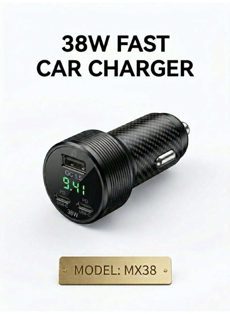 PowerMax USB-C Car Charger with Type-C to Lightning Cable, 38W PD & DC 1S-Port (Type-C & Type A) Car Adapter, iPhone, Samsung, AirPods, Huawei and More - Image 1