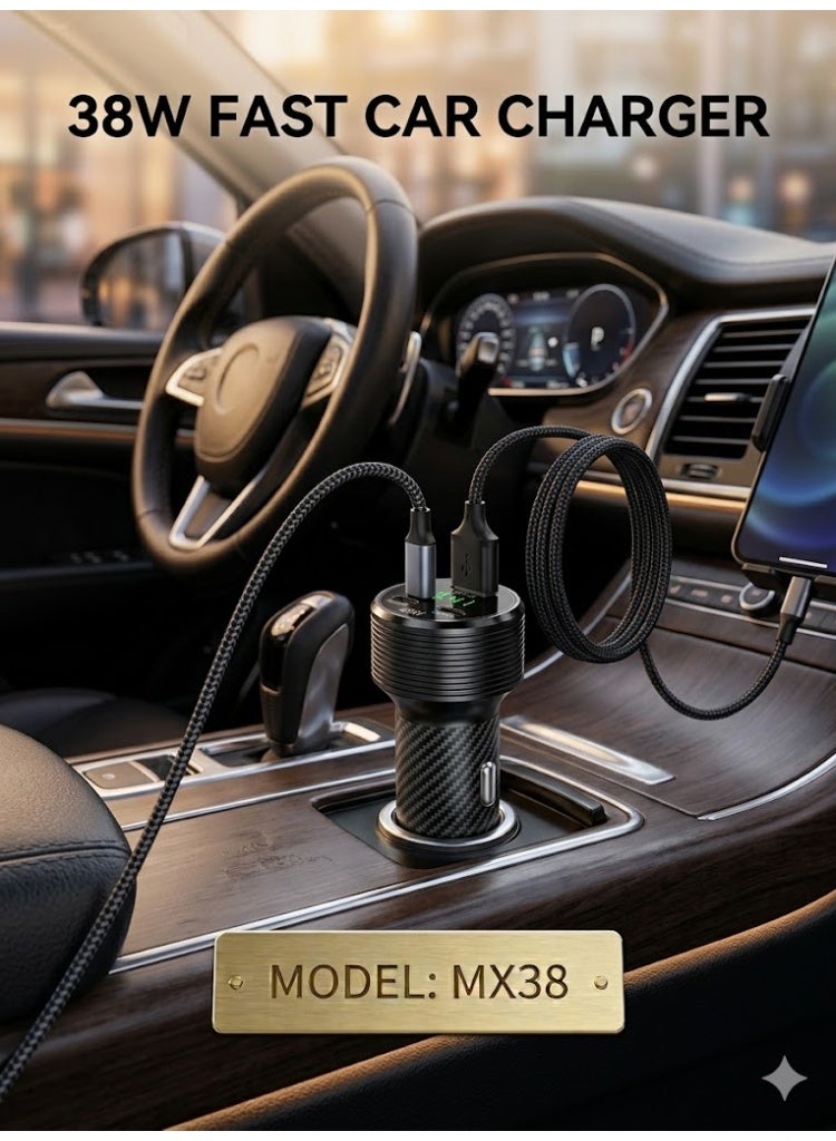 PowerMax USB-C Car Charger with Type-C to Lightning Cable, 38W PD & DC 1S-Port (Type-C & Type A) Car Adapter, iPhone, Samsung, AirPods, Huawei and More - Image 3