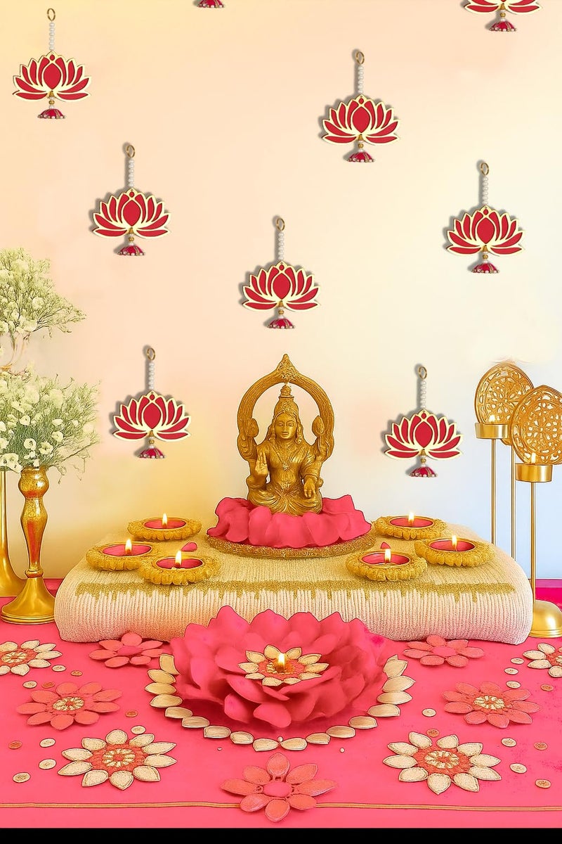BENAVJI Presents Handmade MDF Wood Lotus Hangings Jhumki Style for Diwali Home Decor Temples Mandir Pooja Rooms All Festival Decorations Red Color Lotus Pack of 6 - Image 1