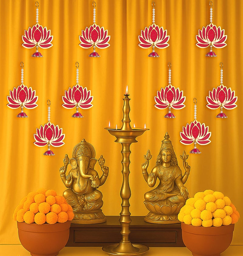 BENAVJI Presents Handmade MDF Wood Lotus Hangings Jhumki Style for Diwali Home Decor Temples Mandir Pooja Rooms All Festival Decorations Red Color Lotus Pack of 6 - Image 2