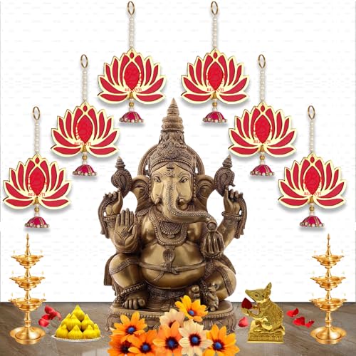 BENAVJI Presents Handmade MDF Wood Lotus Hangings Jhumki Style for Diwali Home Decor Temples Mandir Pooja Rooms All Festival Decorations Red Color Lotus Pack of 6 - Image 4