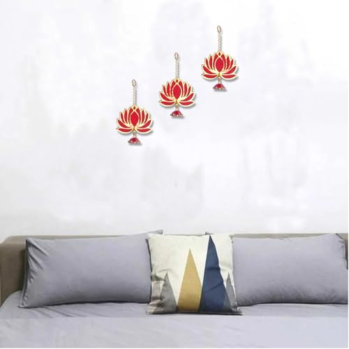 BENAVJI Presents Handmade MDF Wood Lotus Hangings Jhumki Style for Diwali Home Decor Temples Mandir Pooja Rooms All Festival Decorations Red Color Lotus Pack of 6 - Image 5