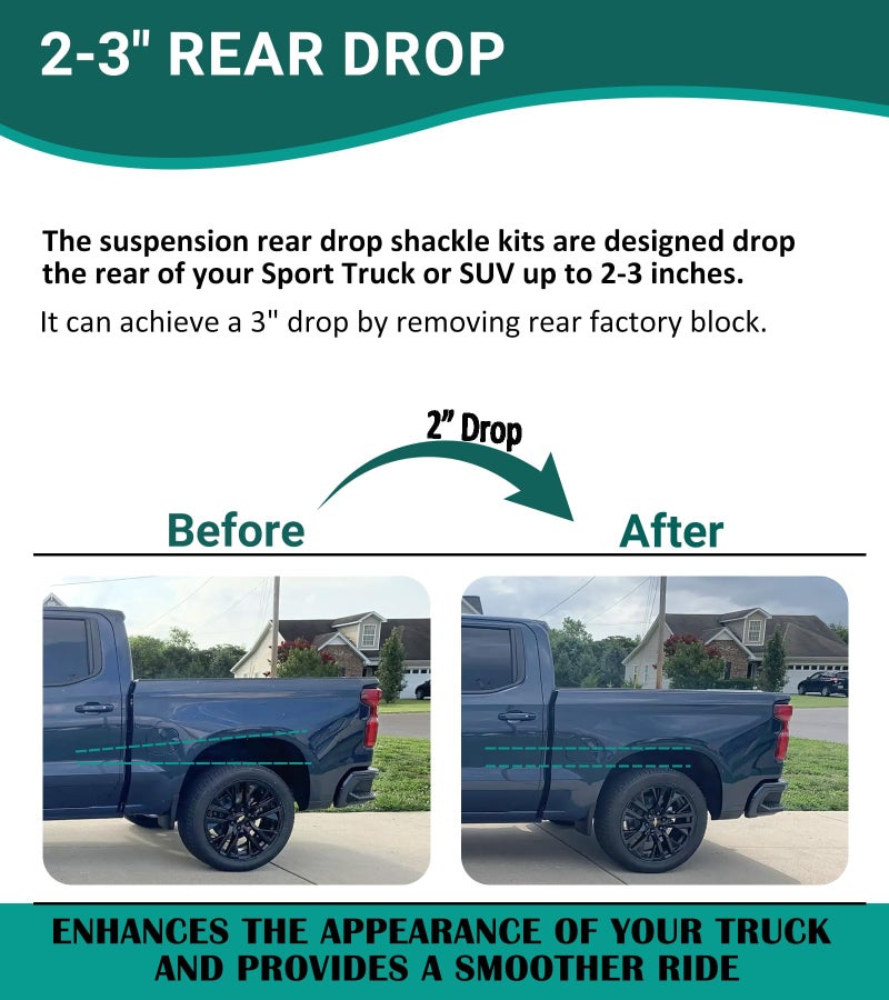 Camoo 2-3" Suspension Rear Drop Lowering Shackles kit Leaf Spring Drop Shackle Kit Compatible with Chevy Silverado GMC Sierra 1500 C1500 K1500 Dodge Ram Replaces 6400 410520 - Image 4