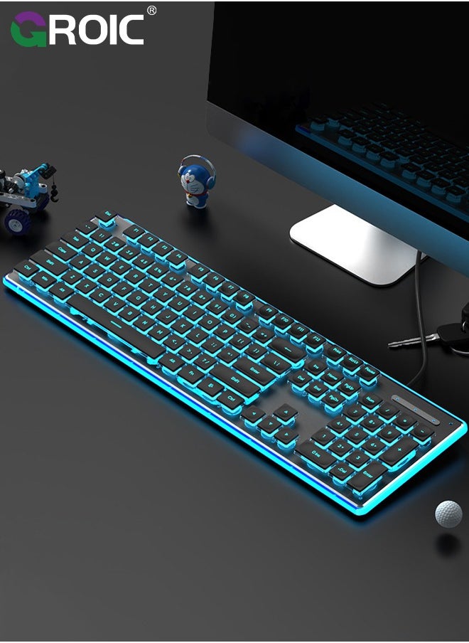 GROIC - لوحة مفاتيح ألعاب RGB سوداء، مفاتيح هادئة مريحة مع تأثيرات إضاءة LED RGB، مقاومة للانسكاب، مفاتيح وسائط مخصصة، متوافقة مع Windows 10/8.1/8/7 - Image 1