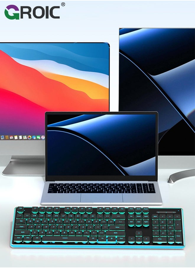 GROIC - لوحة مفاتيح ألعاب RGB سوداء، مفاتيح هادئة مريحة مع تأثيرات إضاءة LED RGB، مقاومة للانسكاب، مفاتيح وسائط مخصصة، متوافقة مع Windows 10/8.1/8/7 - Image 1