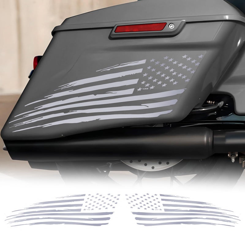 Alicatong Fits 2014-2023 Harley Davidson Touring American Flag Saddle Bag Side Decals Exterior SaddleBag Vinyl Cover Accessories Silver - Image 1