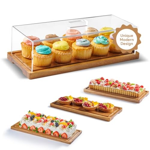 HOMESPHERE Cake Display with Lid – Acacia Wood Dessert Stand & Wooden Charcuterie Board with Lid for Loaf Cakes, Bread, Pastries, Cheese, Large Rectangle Wood Tray Platter & Acrylic Cover, 15 x 6.25” - Image 1