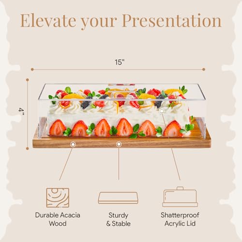 HOMESPHERE Cake Display with Lid – Acacia Wood Dessert Stand & Wooden Charcuterie Board with Lid for Loaf Cakes, Bread, Pastries, Cheese, Large Rectangle Wood Tray Platter & Acrylic Cover, 15 x 6.25” - Image 3