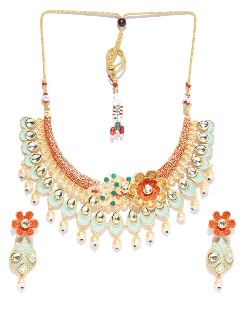 Priyaasi Sea Green  Red Kundan-Studded Handcrafted Jewellery Set