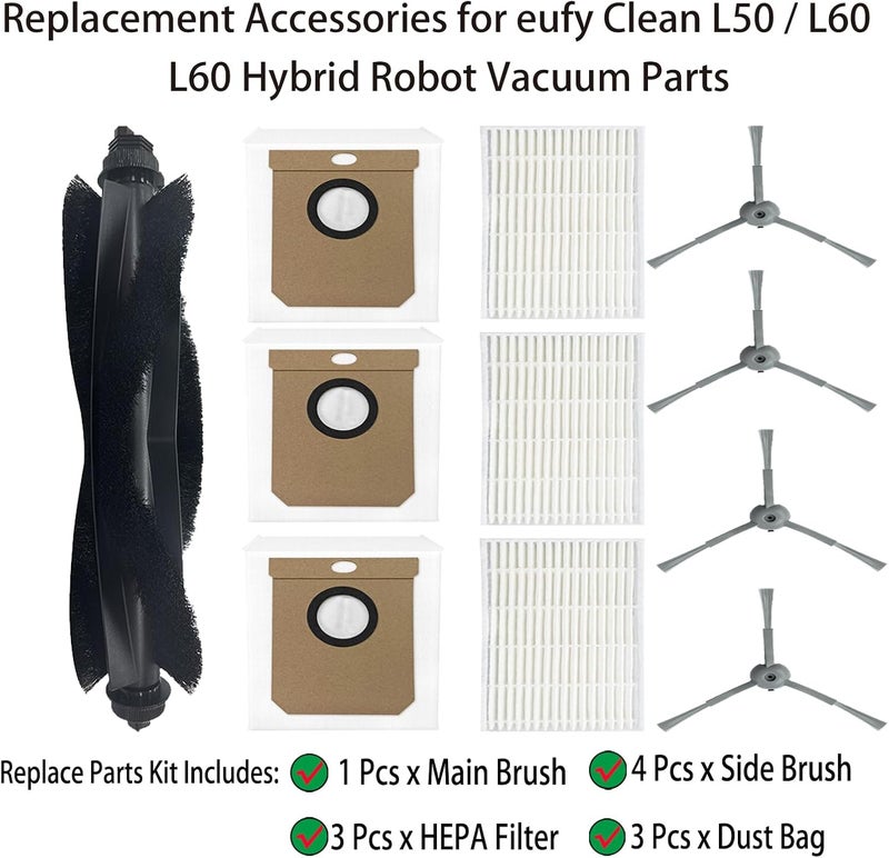 YERXPAFT قطع غيار احتياطية لمكنسة الروبوت eufy Clean L50 / L60 / L60 Hybrid Self-Empty Station: - 1 فرشاة رئيسية - 4 فرشاة جانبية - 3 فلاتر HEPA - 3 أكياس للغبار (عبوة تحتوي على 11 قطعة)، لون أصفر - Image 2