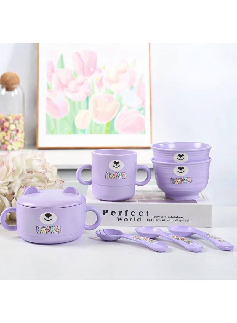 7-Piece Children's Set Includes: 2 bowls + 1 bowl with lid Fork + 2 spoons + cup Suitable for hot and cold use Material: 65% bamboo 15% corn powder 20% melamine