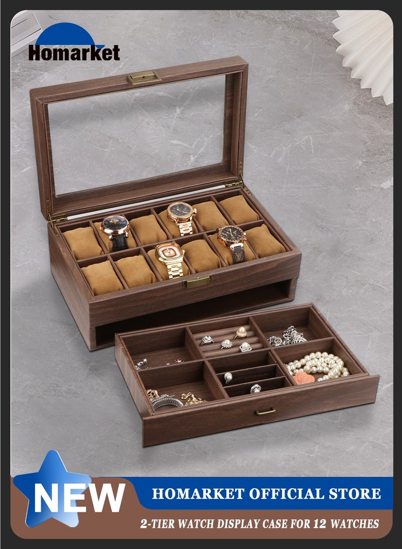 HomarKet Watch Box Organizer for Men, 12 Slot Watch Display Case with Drawer, Mens Watch Box Watch Case Holder, 12 Watch Box Double-layer Jewelry and Watch Storage Case with Glass Lid -Brown - Image 1