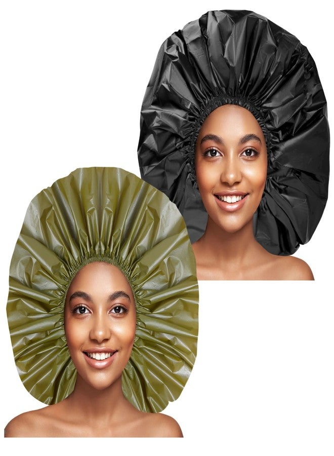 CHFONG Jumbo Size Shower Cap 2 PCS Waterproof Shower Caps for Women, Extra Large Shower Cap, Reusable Super Large Bath Caps Hair Cap for Long Thick Curly Hair, Locs, Twist Braids - Black+Green - Image 1