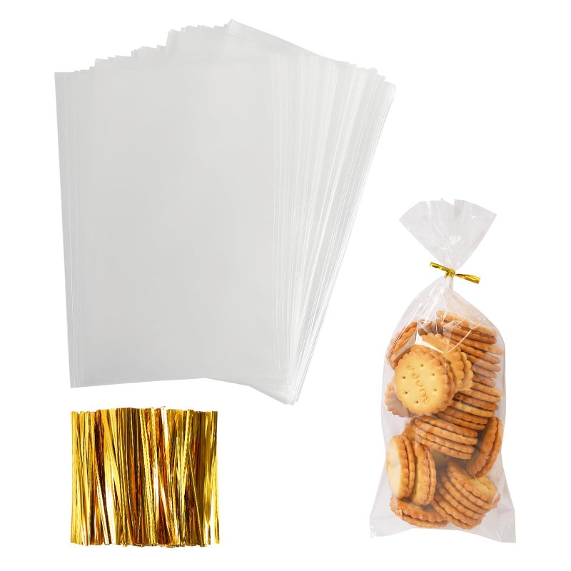 Augshy Cellophane Treat Bags  300 Pcs 4x9 Inches 320 Twist Ties 14 mils Thick OPP Plastic for Packaging Candies Dessert Bakery Cookies