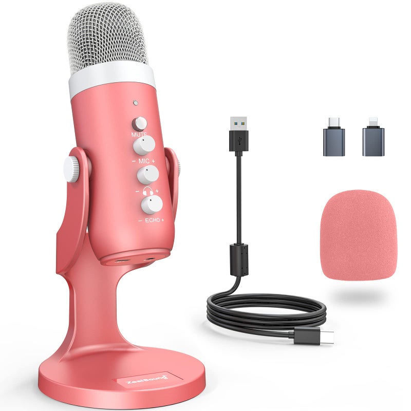 ZealSound Gaming USB Pink Microphone with Quick Mute for Phone Computer PC PS5,Studio Mic with Gain Control,Echo&Monitor Volume Adjust for Streaming Vocal Recording ASMR Podcast Video K66 - Image 1