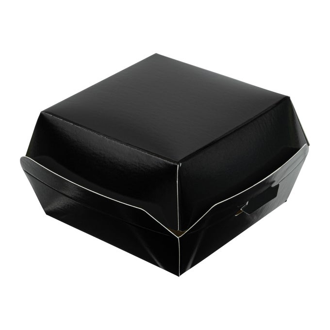 28 X 28 X 2 INCH MINI BURGER BOXES 100 CLAMSHELL FOOD CONTAINERS HINGED LID DISPOSABLE BLACK PAPER TAKE OUT BOXES FOR APPETIZERS OR DESSERTS SERVE SLIDERS OR FINGER FOODS