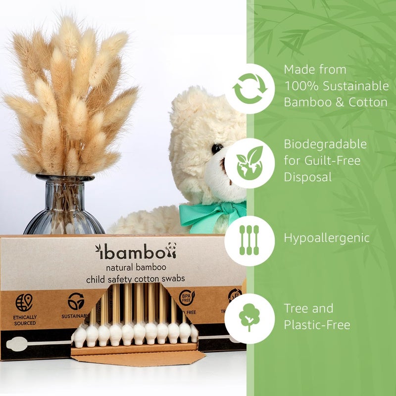 Ibambo 200 Pack 100% Bamboo Baby Cotton Swabs - FSC Certified Double Tipped Child Safety Cotton Swabs for Ear and Nose Cleaning | Perfect for Diaper Bags or Personal Care | Hypoallergenic Baby Swabs - Image 2