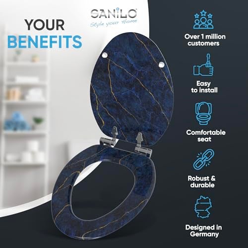 SANILO Wooden Toilet Seat with Soft Close [ELONGATED] - Decorative, Quiet & Slow Close Molded Wood Seat - With Strong Bumpers & Hinges - Adjustable Fit - Marble Dark Blue - Image 2