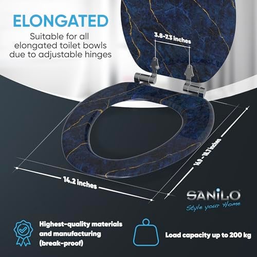 SANILO Wooden Toilet Seat with Soft Close [ELONGATED] - Decorative, Quiet & Slow Close Molded Wood Seat - With Strong Bumpers & Hinges - Adjustable Fit - Marble Dark Blue - Image 4