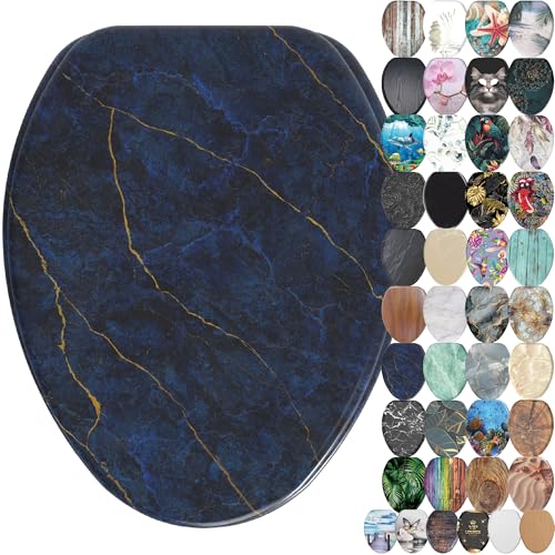 SANILO Wooden Toilet Seat with Soft Close [ELONGATED] - Decorative, Quiet & Slow Close Molded Wood Seat - With Strong Bumpers & Hinges - Adjustable Fit - Marble Dark Blue - Image 1
