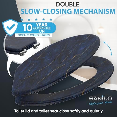 SANILO Wooden Toilet Seat with Soft Close [ELONGATED] - Decorative, Quiet & Slow Close Molded Wood Seat - With Strong Bumpers & Hinges - Adjustable Fit - Marble Dark Blue - Image 3