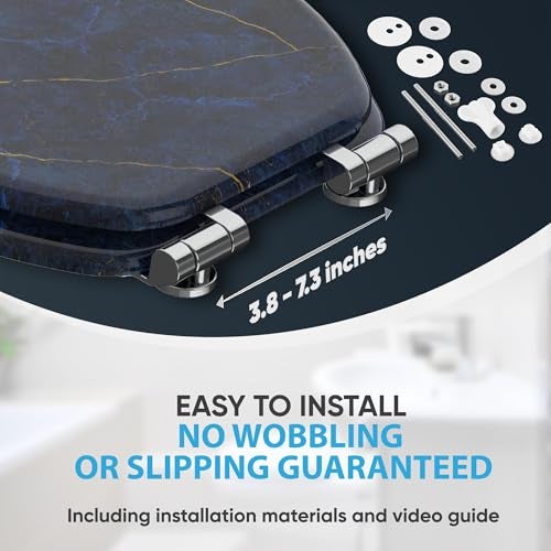 SANILO Wooden Toilet Seat with Soft Close [ELONGATED] - Decorative, Quiet & Slow Close Molded Wood Seat - With Strong Bumpers & Hinges - Adjustable Fit - Marble Dark Blue - Image 5